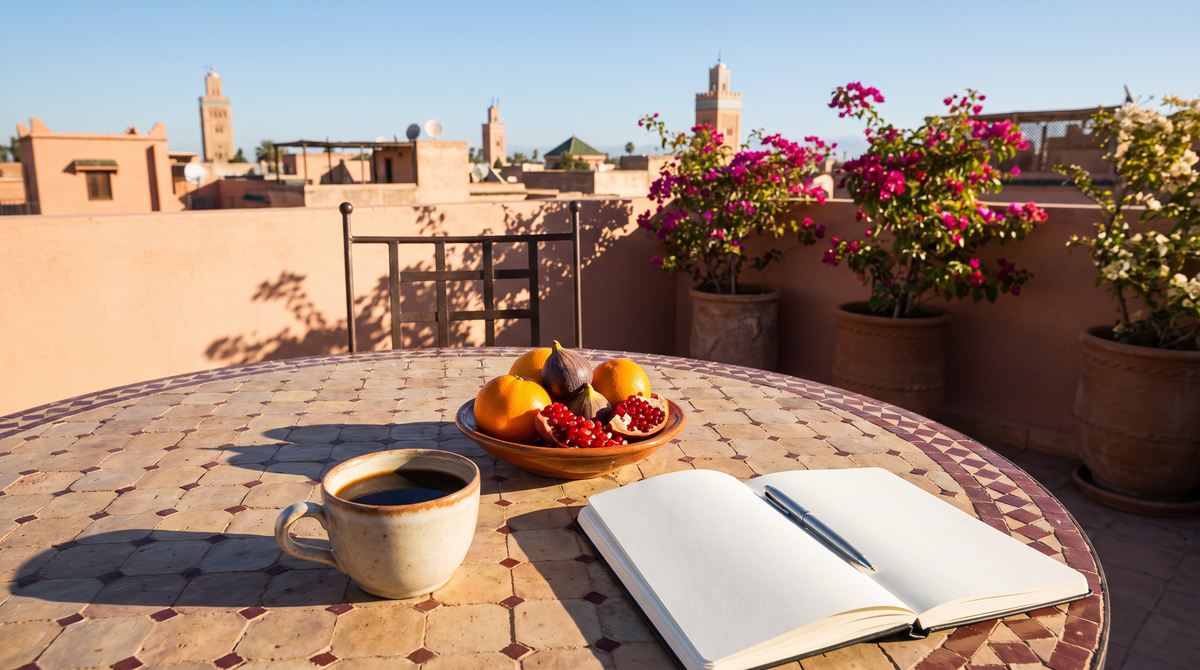 Tasse de café noir et fruits frais sur une terrasse ensoleillée à Marrakech