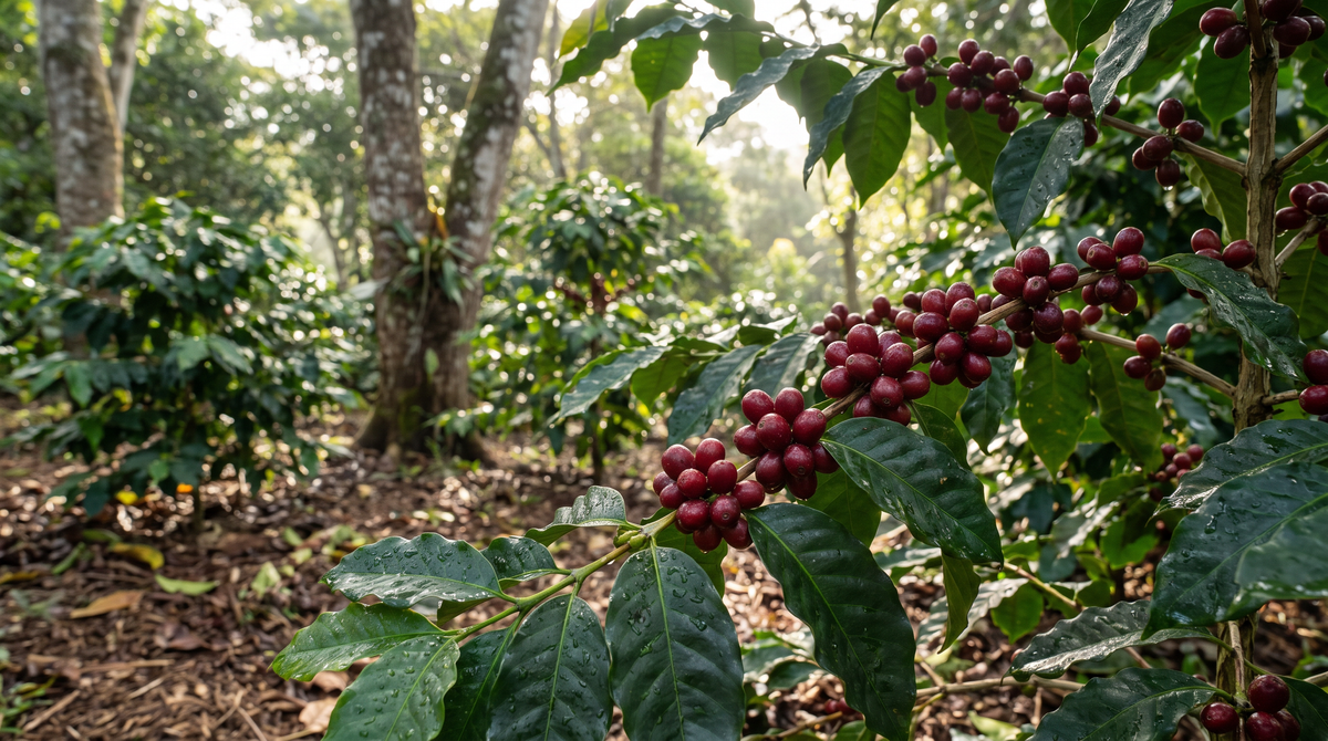 Branche de caféier avec des cerises de café mûres dans une plantation bio