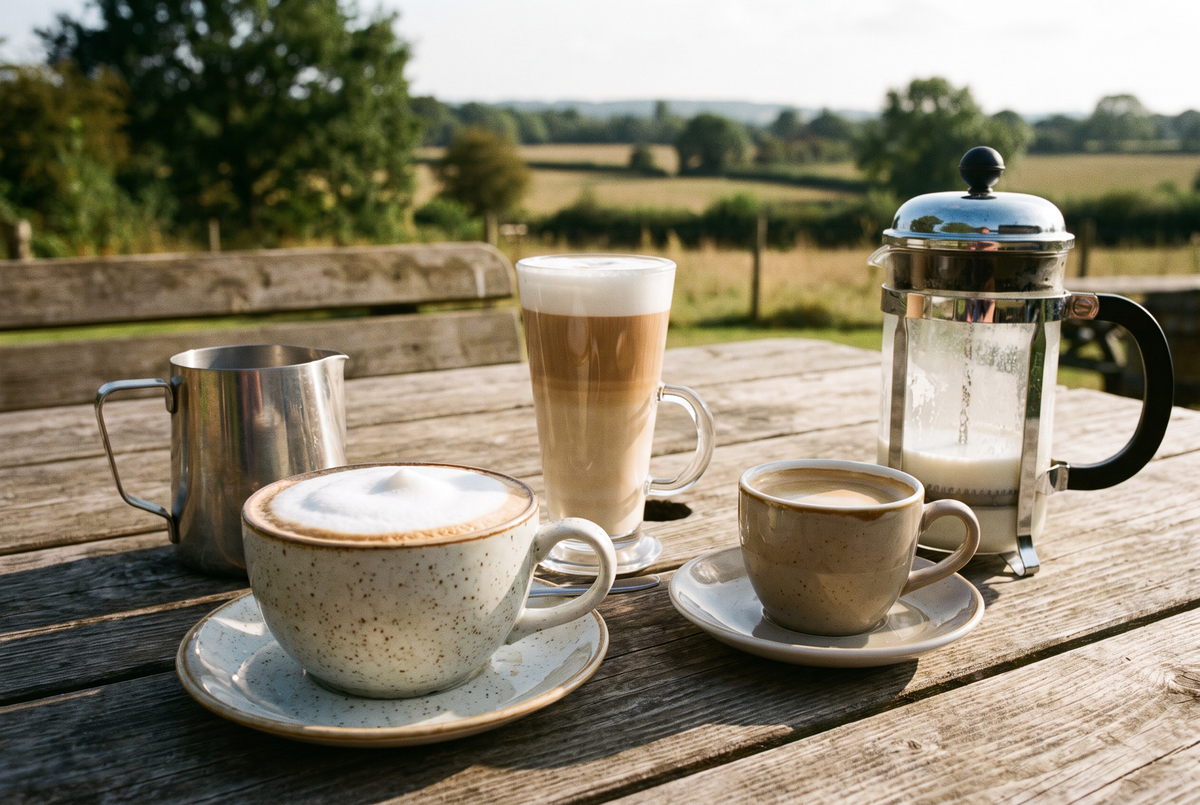 Cappuccino, latte et café crème sur une table en bois