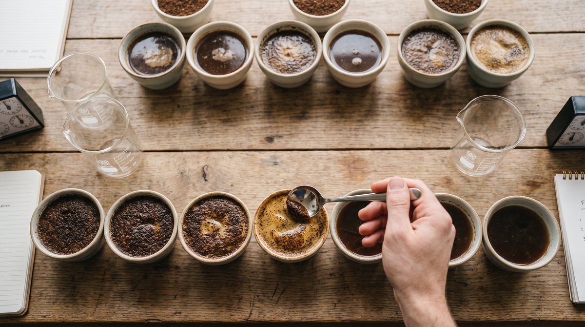 Séance de cupping : bols de café moulu alignés pour la dégustation
