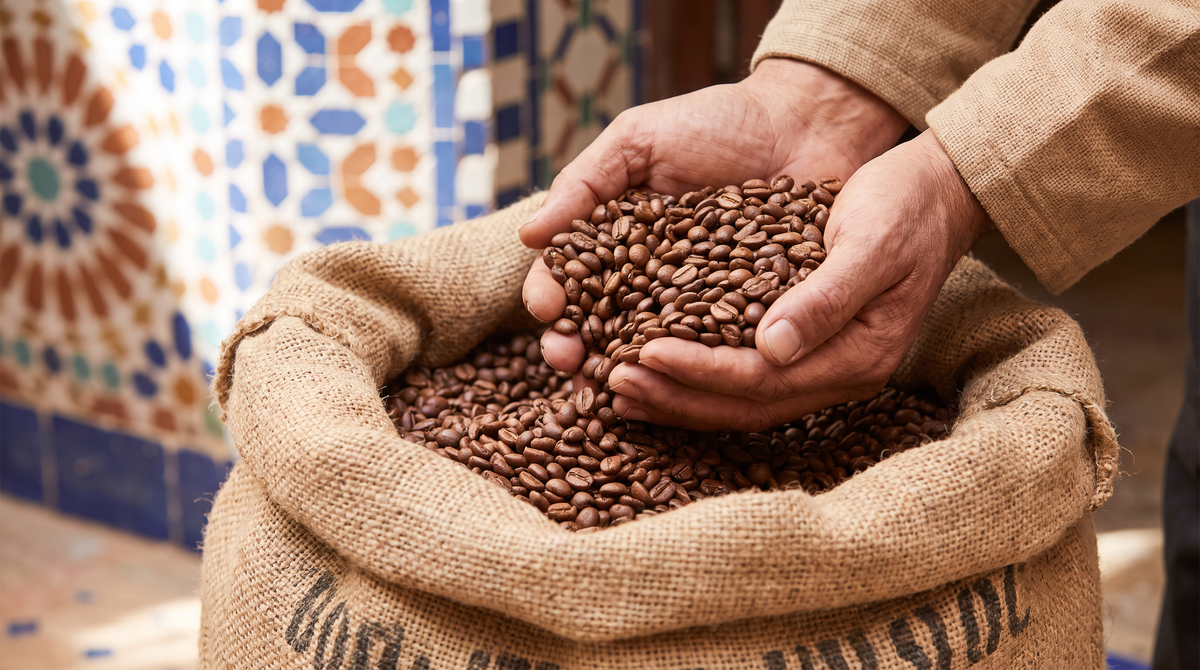 Mains puisant des grains de café arabica dans un sac en toile de jute