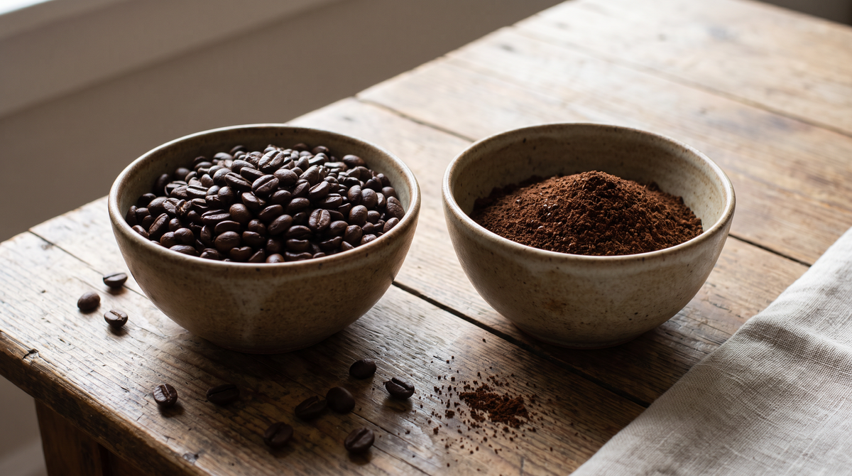 Café en grain et café moulu dans deux bols en céramique