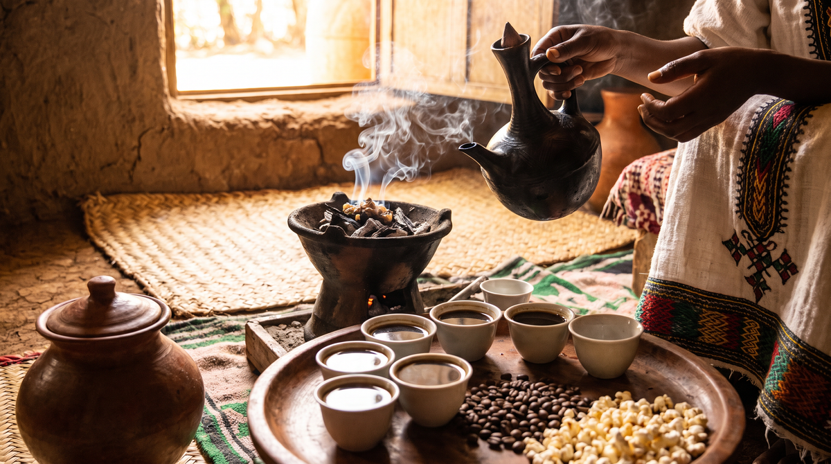Cérémonie du café éthiopienne avec une jebena en terre et des petites tasses