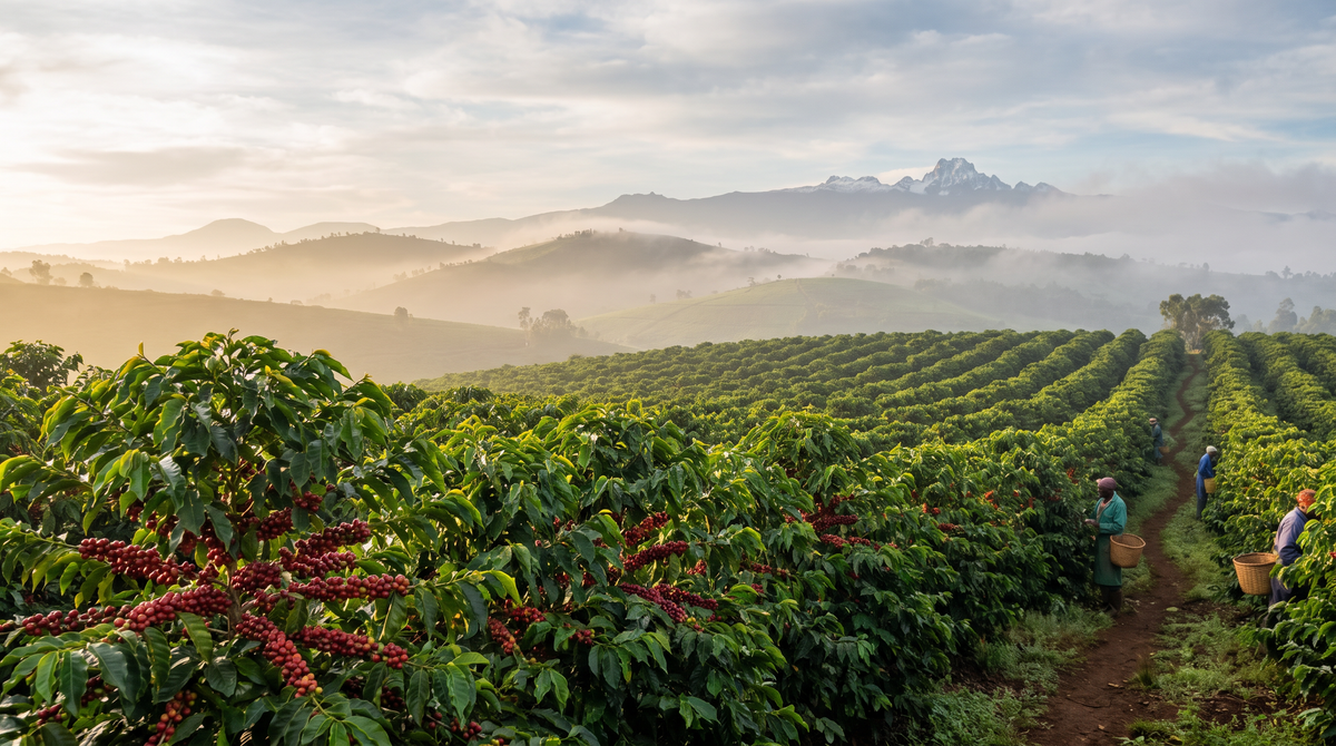 Plantation de café sur les collines verdoyantes du Kenya au pied du mont Kenya