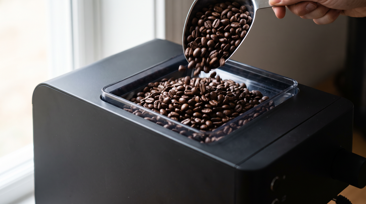 Grains de café versés dans le réservoir d'une machine à café automatique à grain