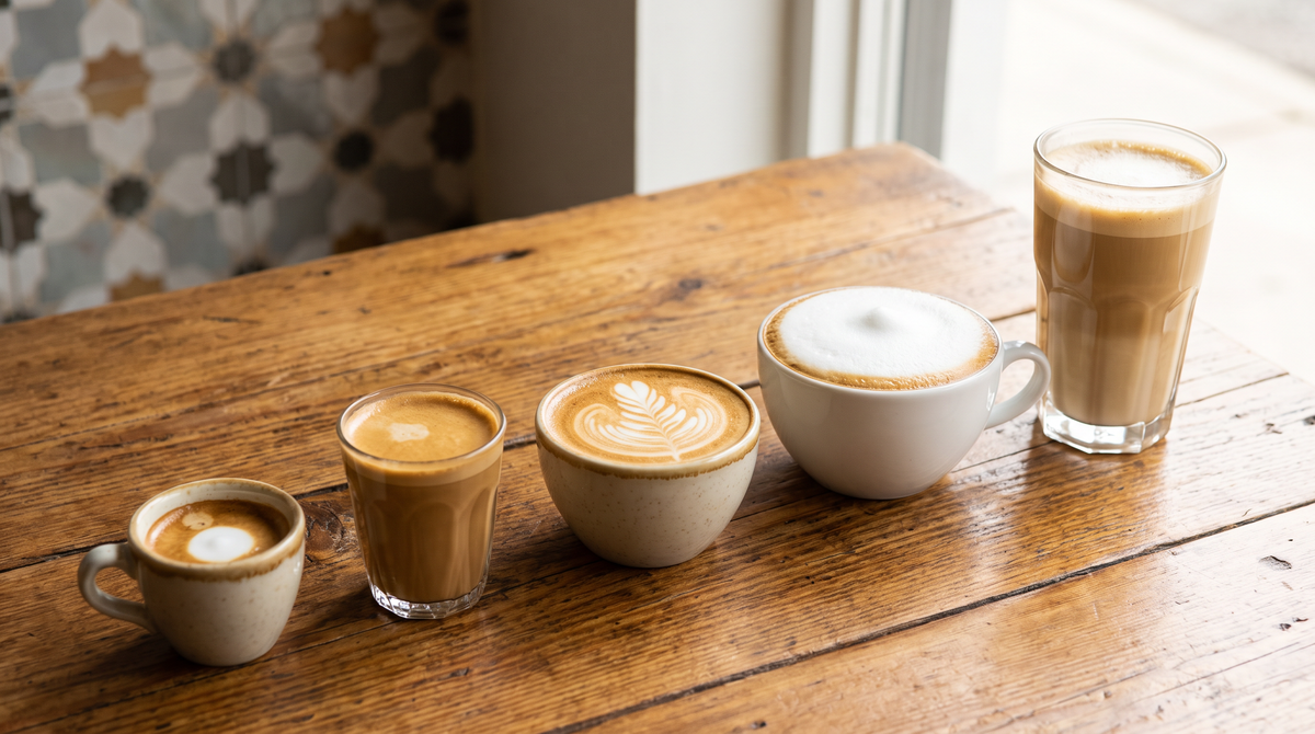 Macchiato, cortado, flat white, cappuccino et latte alignés sur une table en bois