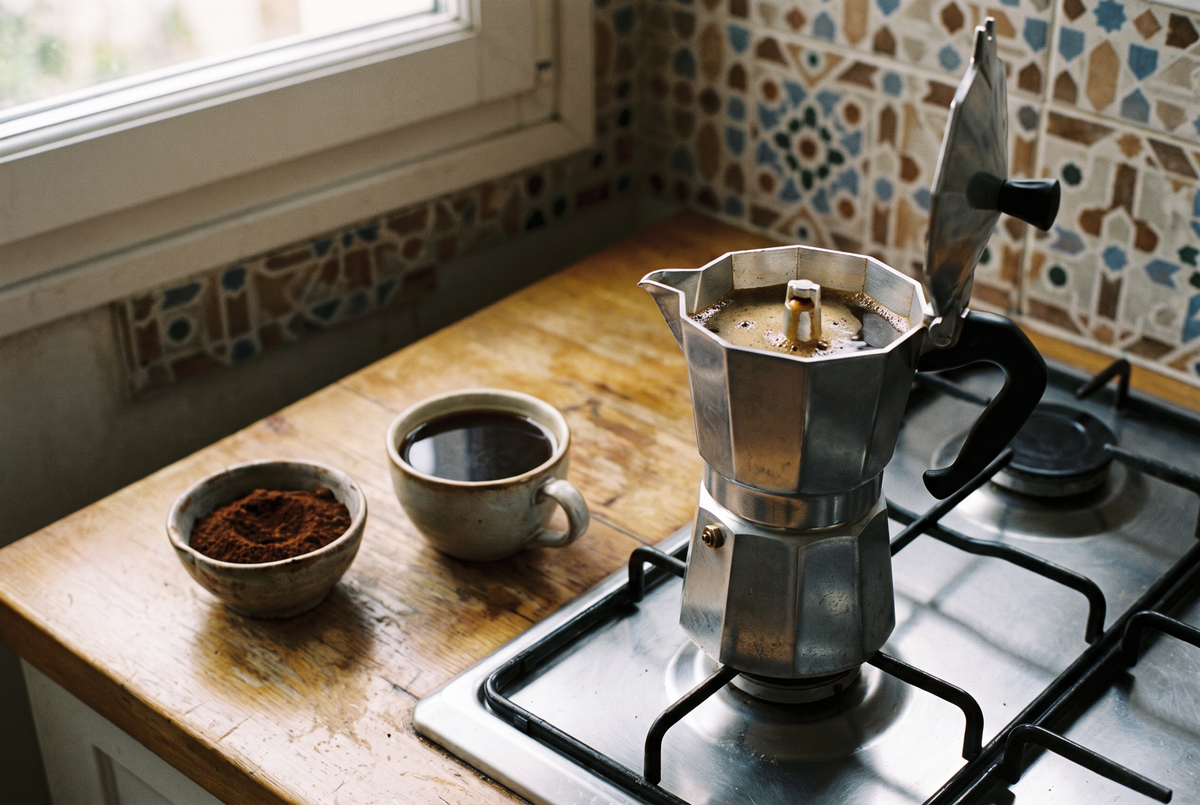 Cafetière italienne sur le feu avec une tasse de café