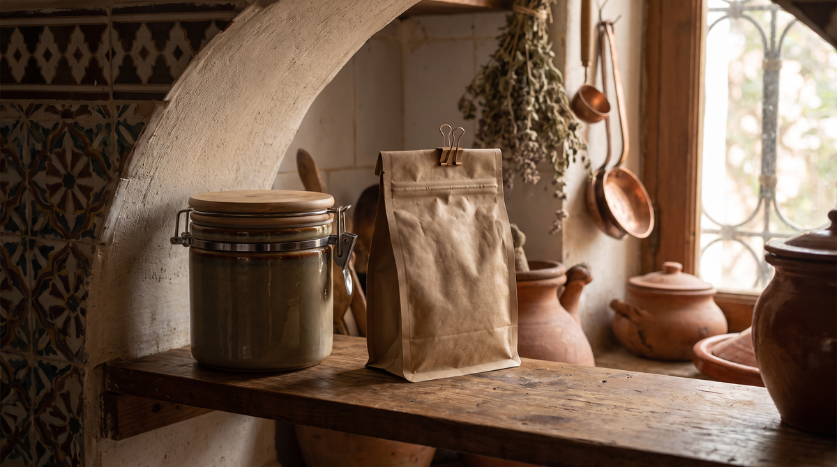Boîte hermétique à café et sachet refermable rangés à l'abri de la lumière