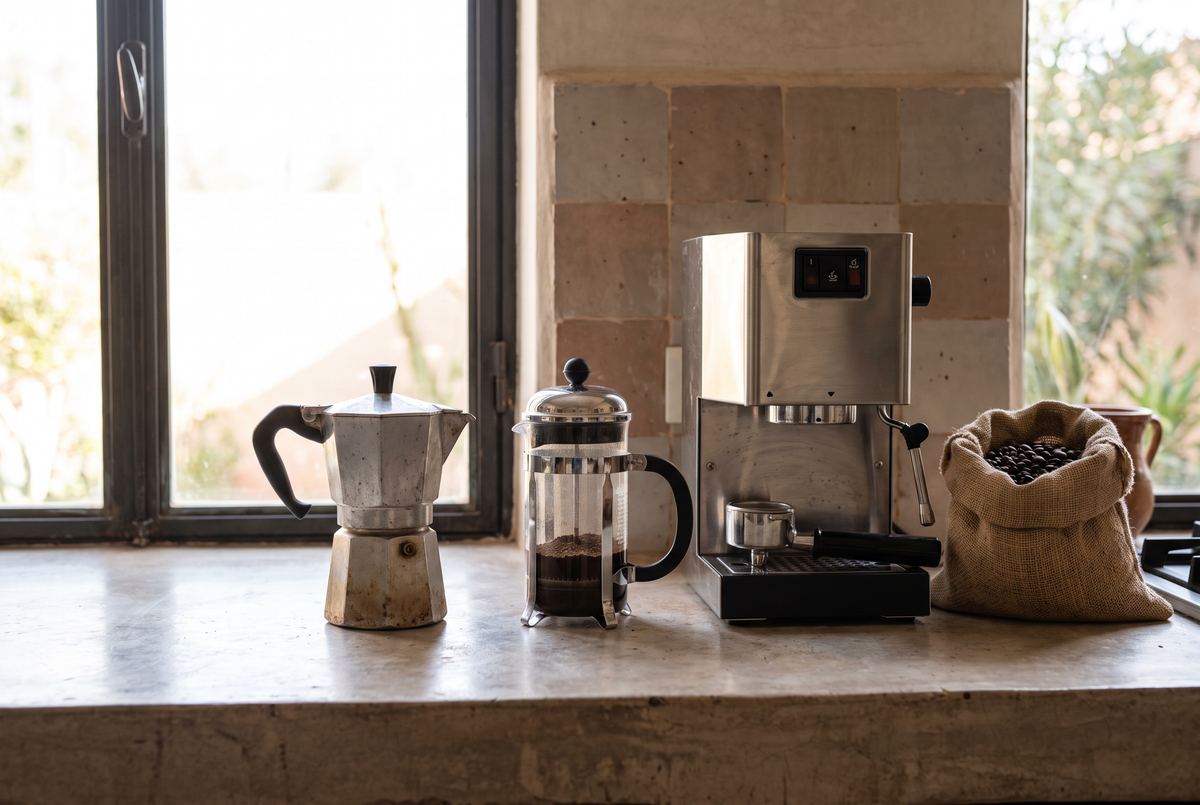 Cafetière italienne, piston et machine expresso sur un plan de travail