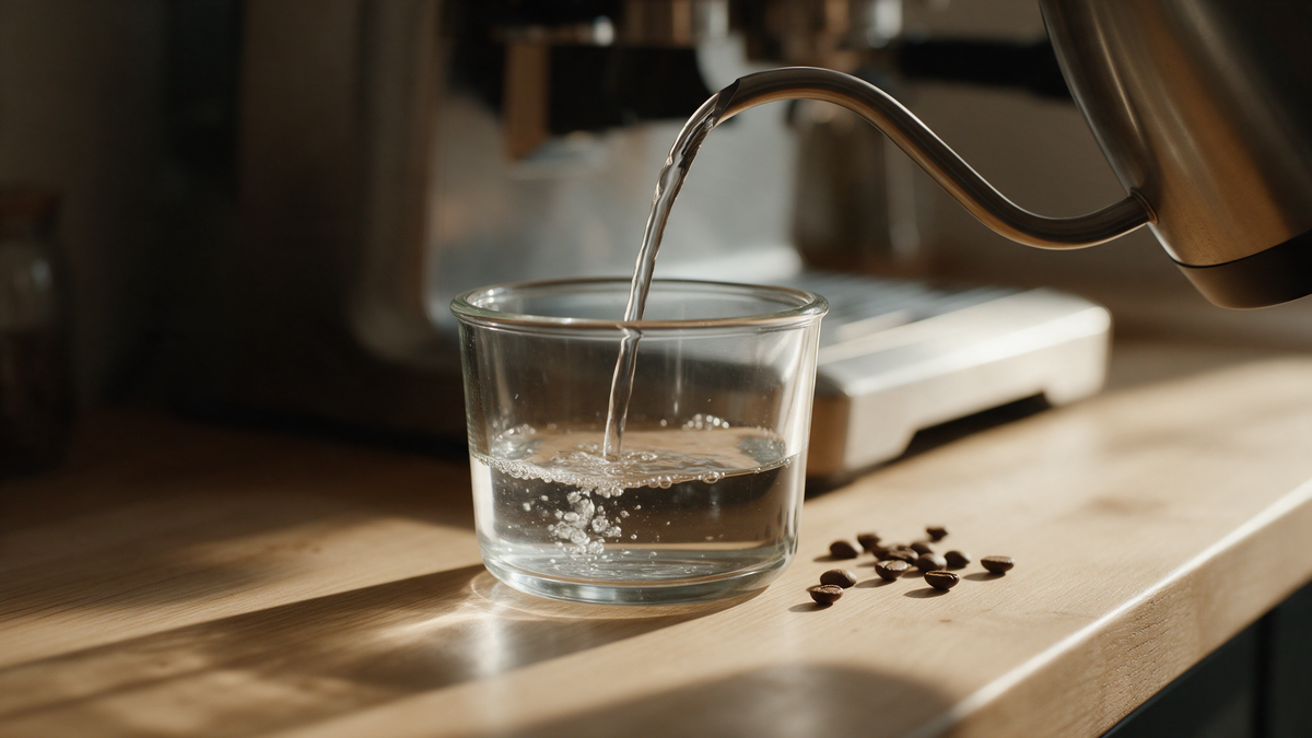 Eau claire versee dans le reservoir d'une machine a cafe, a cote de grains torrefies