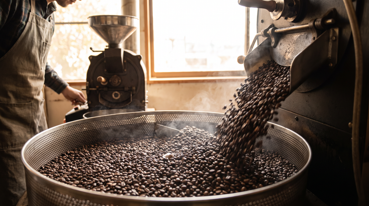 Grains de café fraîchement torréfiés tombant dans le bac de refroidissement d'un torréfacteur artisanal
