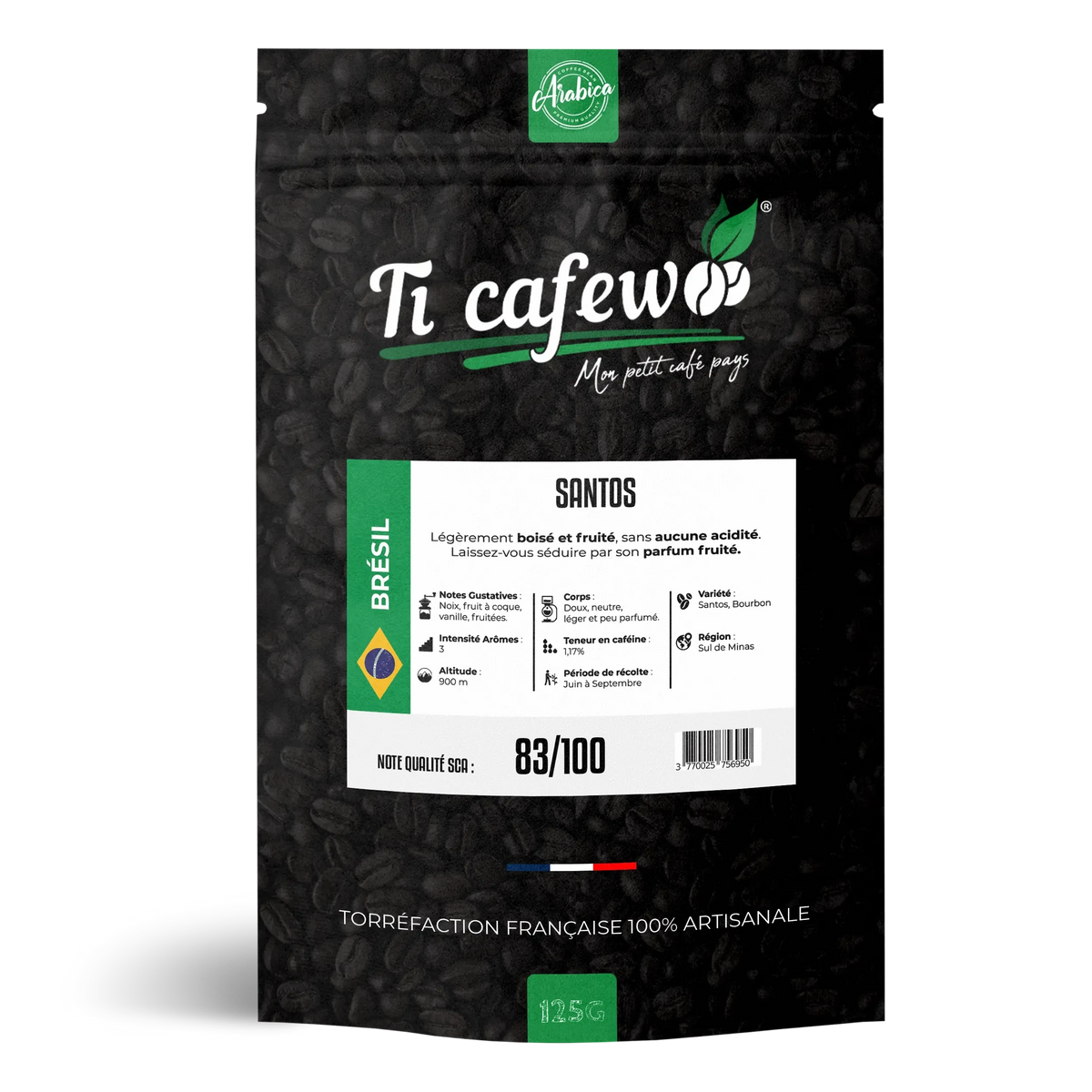 Sachet 125 g de café Brésil Santos 100 % arabica, torréfaction médium