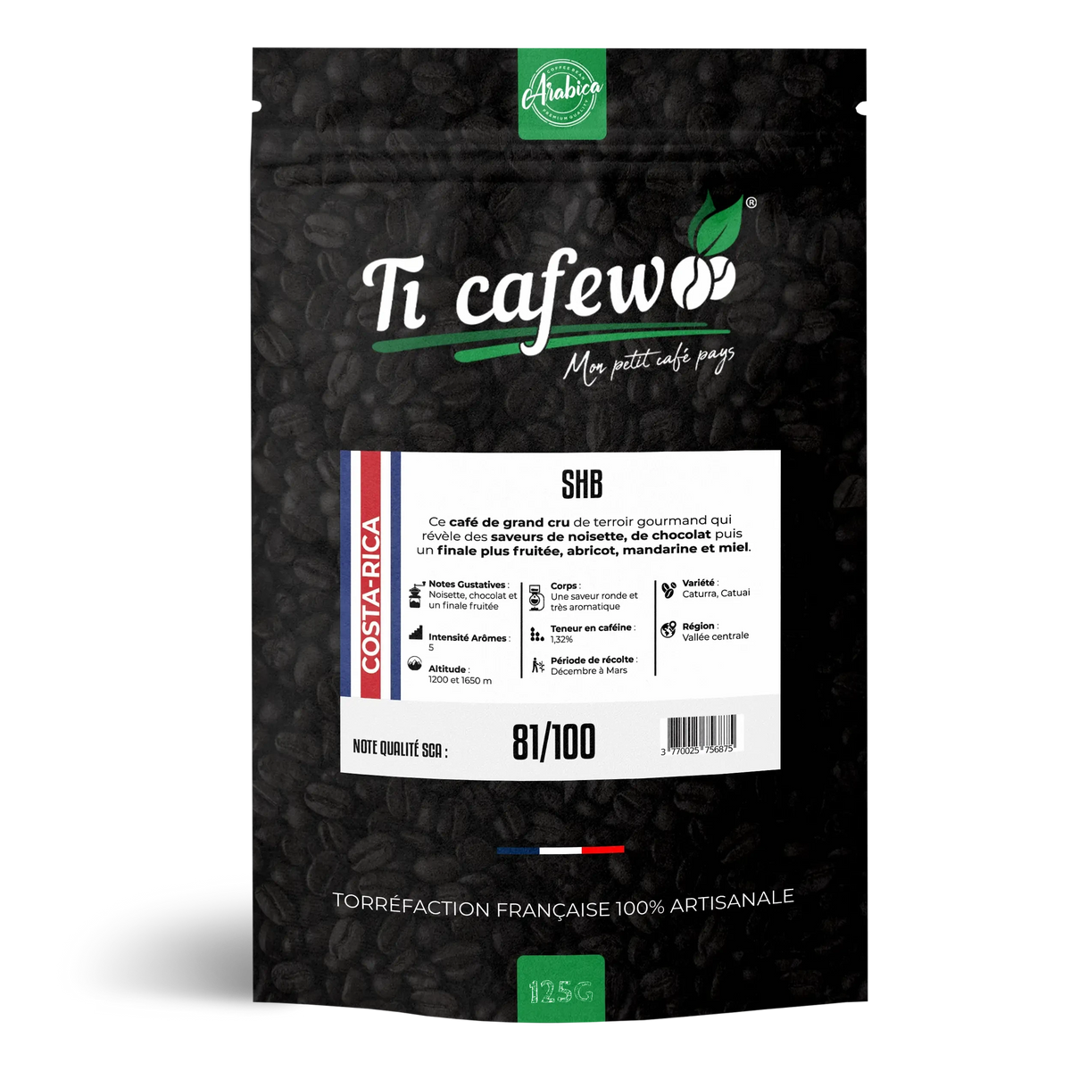Sachet 125 g de café Costa Rica SHB 100 % arabica, torréfaction médium