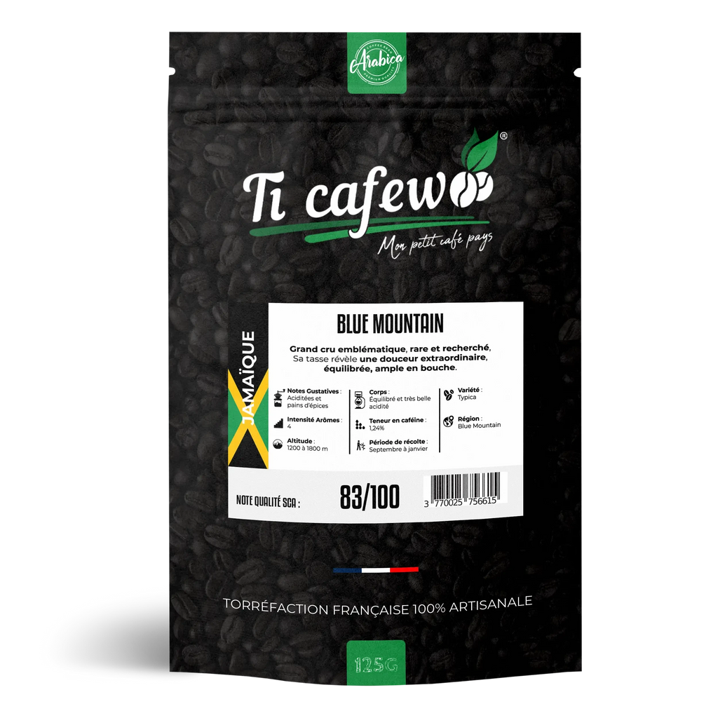 Sachet 125 g de café Jamaïque Blue Mountain 100 % arabica, torréfaction médium