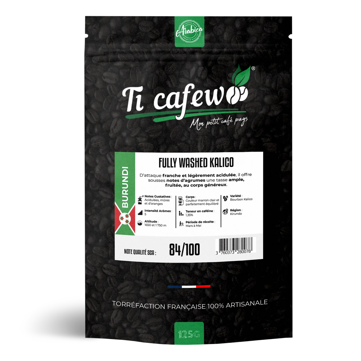 Sachet 125 g de café Kalico du Burundi 100 % arabica, torréfaction médium