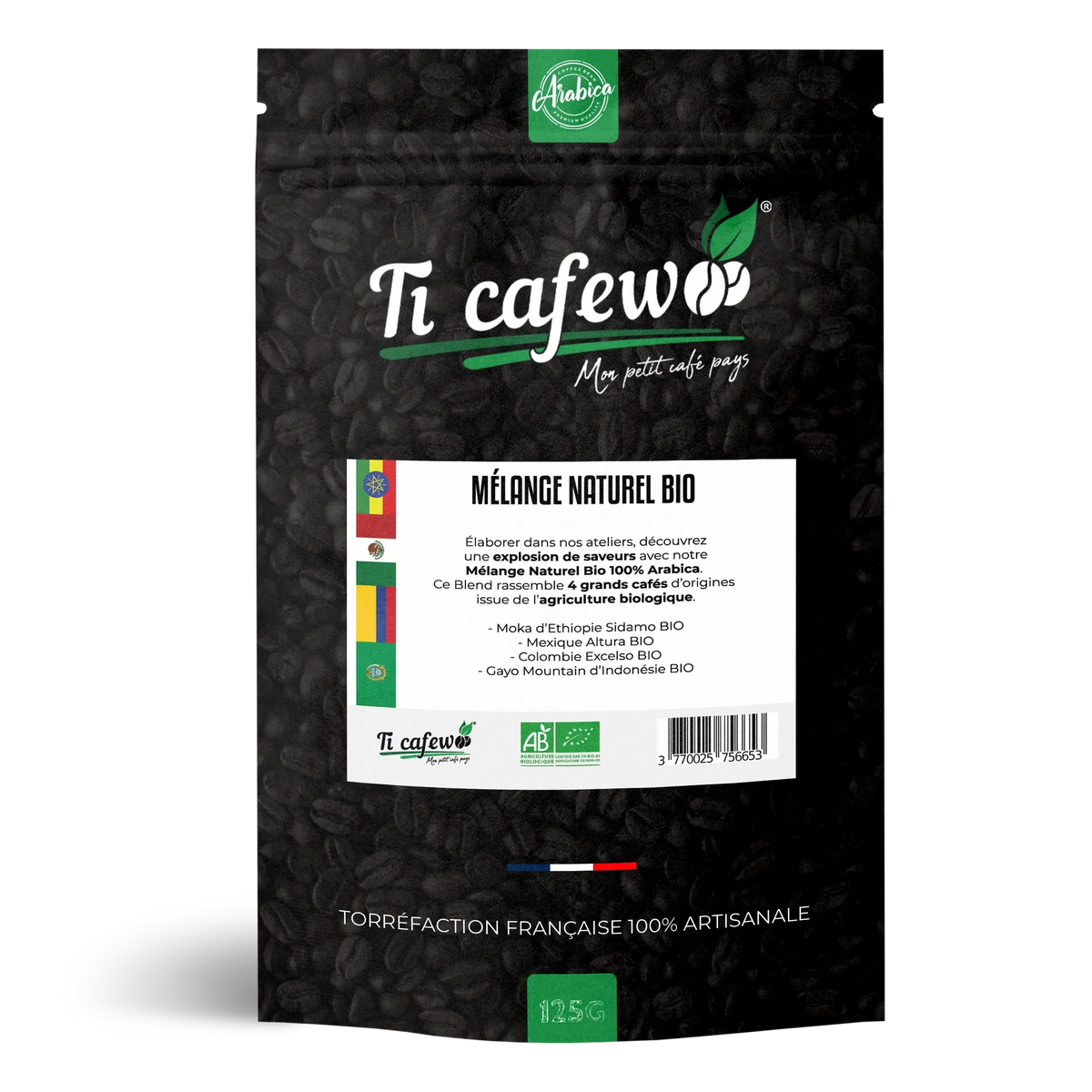 Sachet 125 g de café Mélange Naturel BIO 100 % arabica, torréfaction médium