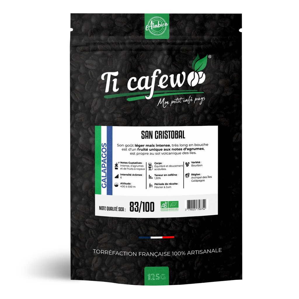 Sachet 125 g de café San Cristobal Galapagos BIO 100 % arabica, torréfaction médium