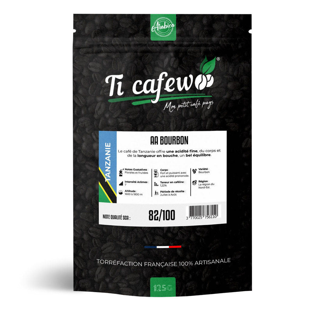 Sachet 125 g de café Tanzanie AA Bourbon 100 % arabica, torréfaction médium