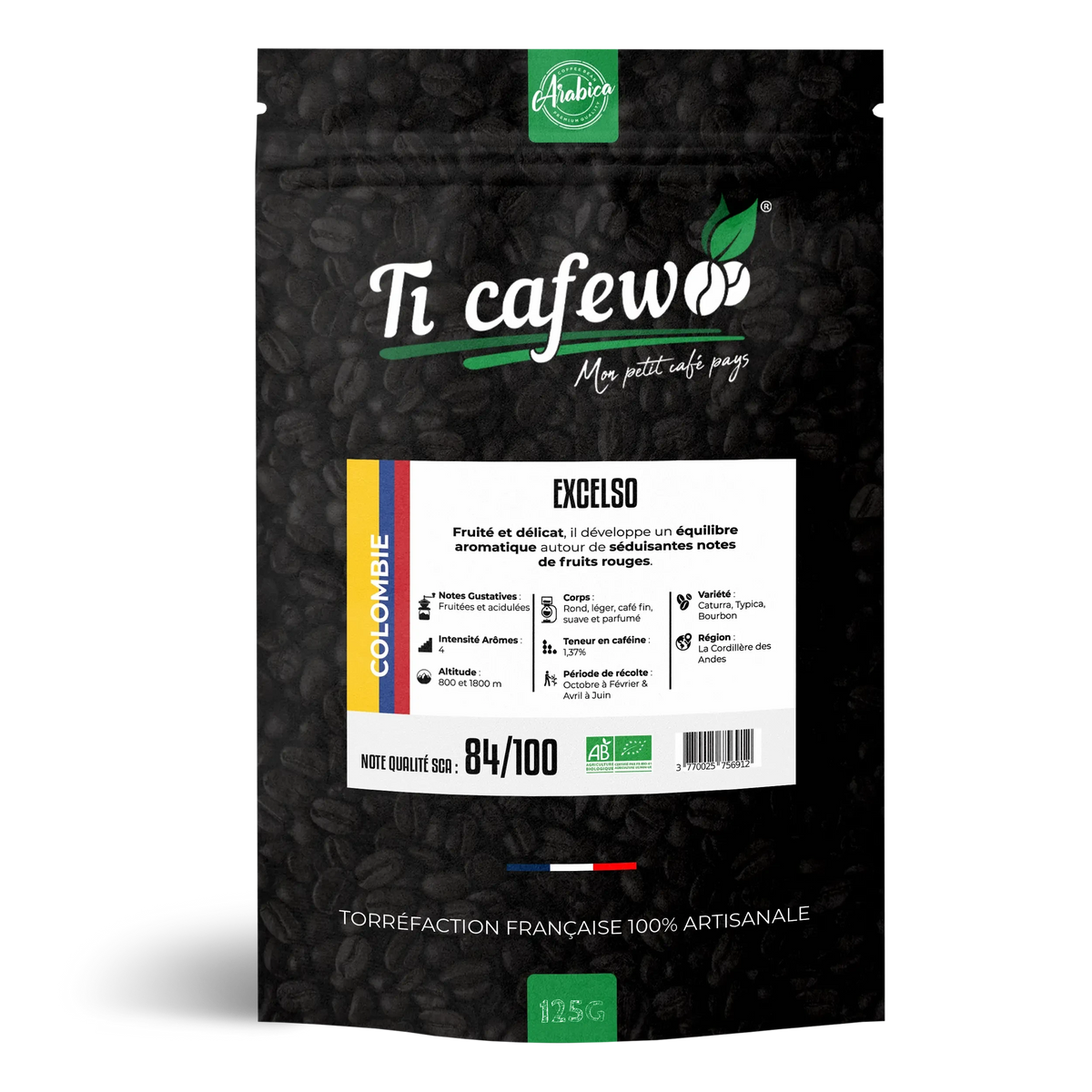 Sachet 125 g de café Colombie Excelso BIO 100 % arabica, torréfaction médium