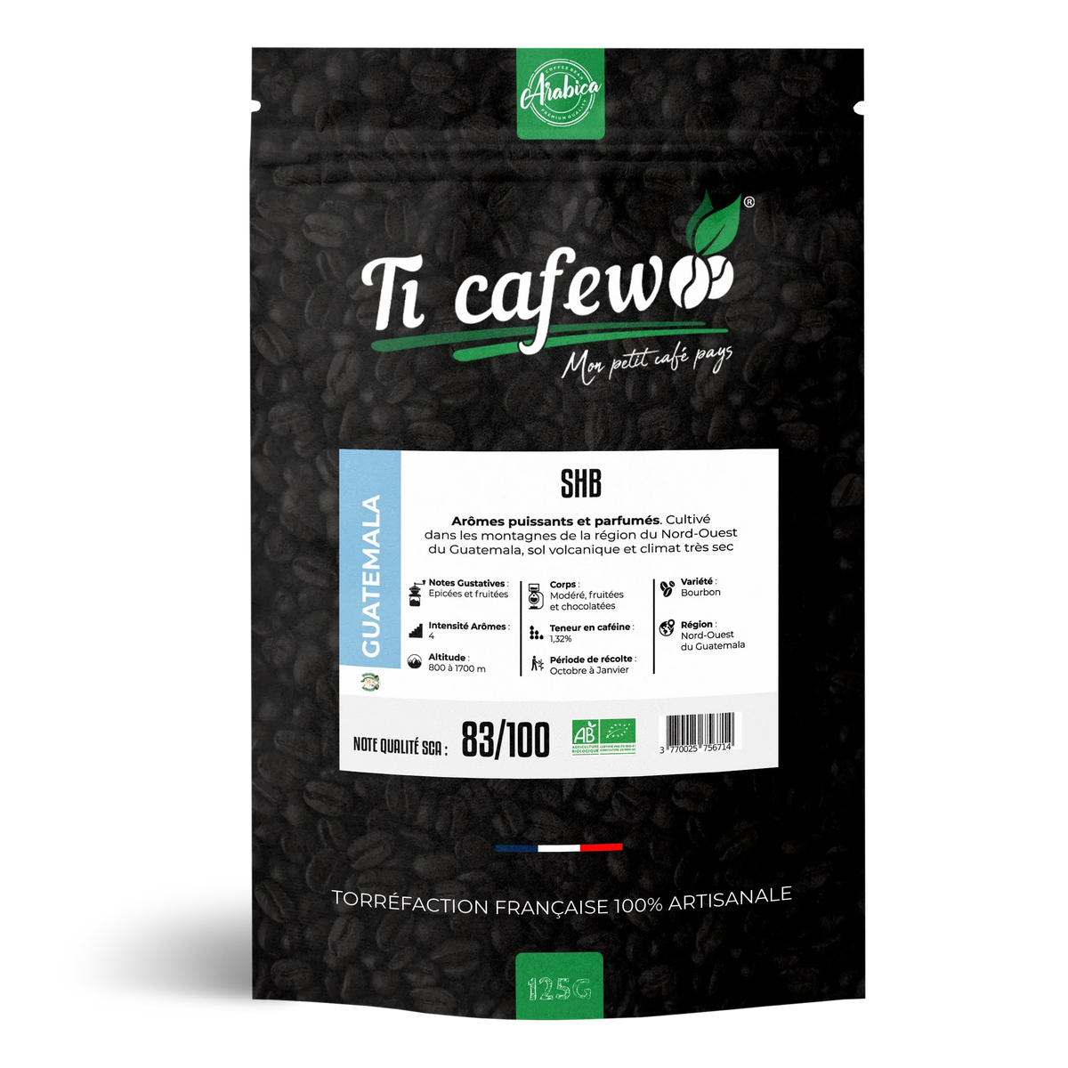 Sachet 125 g de café Guatemala SHB BIO 100 % arabica, torréfaction médium