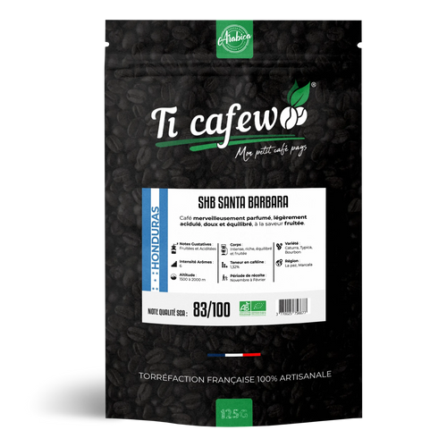 Sachet 125 g de café Honduras SHB Santa Barbara BIO 100 % arabica, torréfaction médium