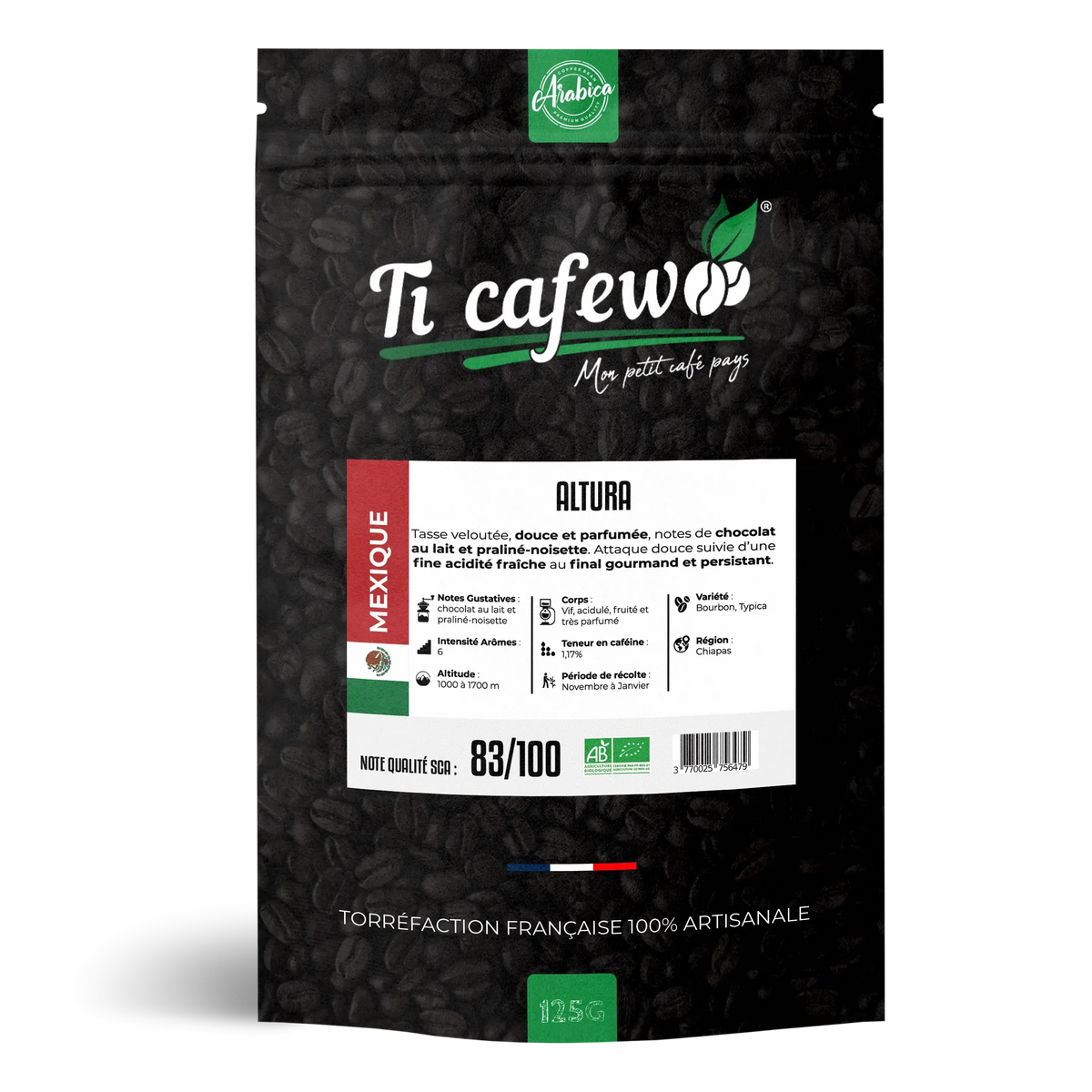 Sachet 125 g de café Mexique Altura BIO 100 % arabica, torréfaction médium