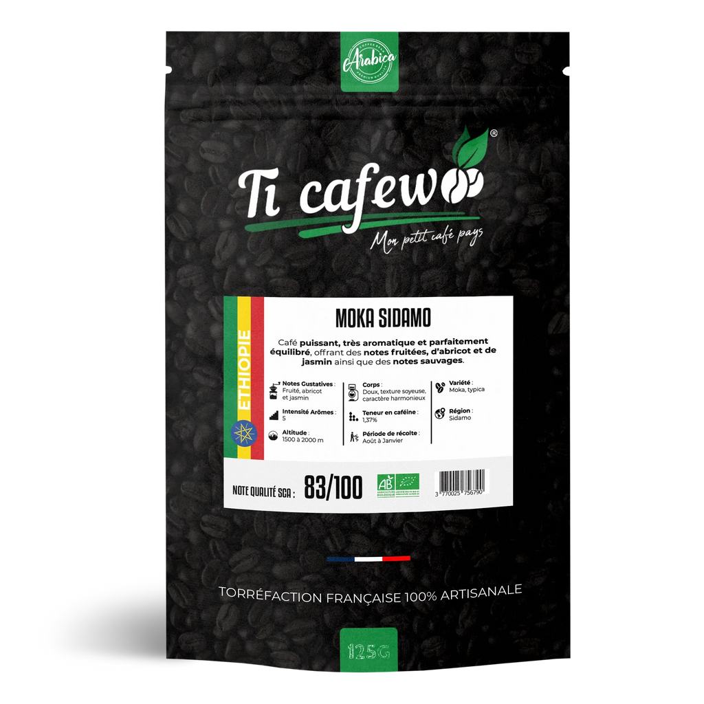 Sachet 125 g de café Moka d'Éthiopie Sidamo BIO 100 % arabica, torréfaction médium