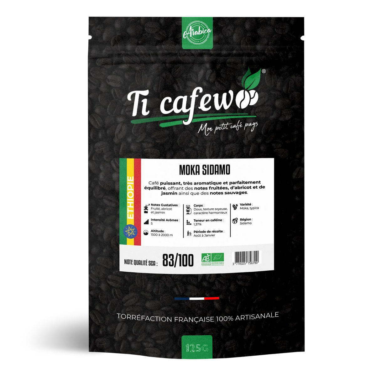 Sachet 125 g de café Moka d'Éthiopie Sidamo BIO 100 % arabica, torréfaction médium