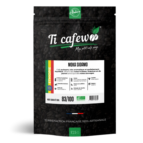 Sachet 125 g de café Moka d'Éthiopie Sidamo BIO 100 % arabica, torréfaction médium