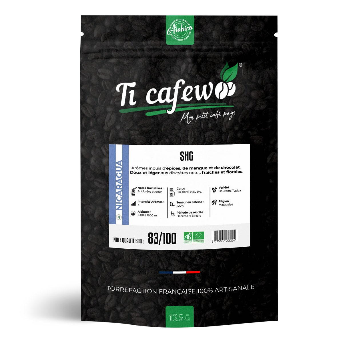 Sachet 125 g de café Nicaragua SHG BIO 100 % arabica, torréfaction médium