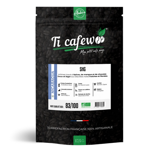 Sachet 125 g de café Nicaragua SHG BIO 100 % arabica, torréfaction médium