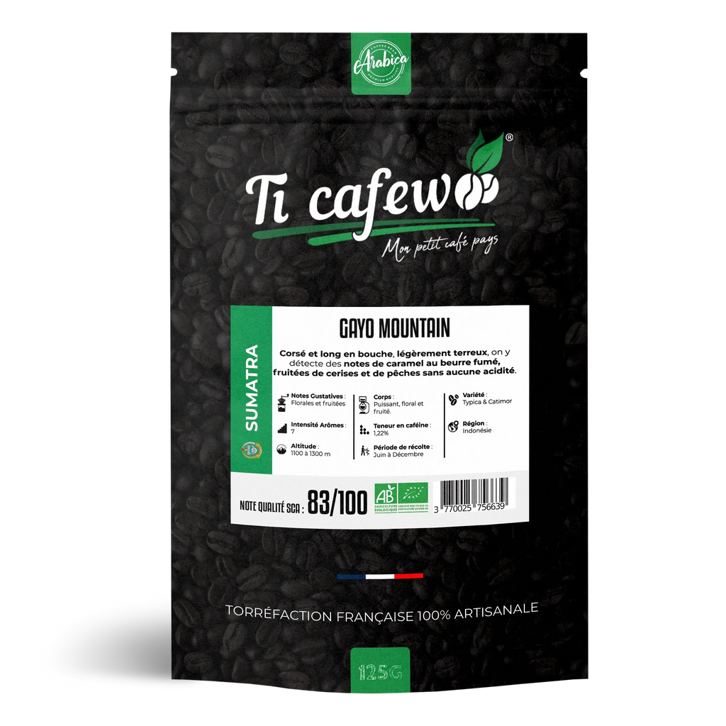 Sachet 125 g de café Sumatra Gayo Mountain BIO 100 % arabica, torréfaction médium