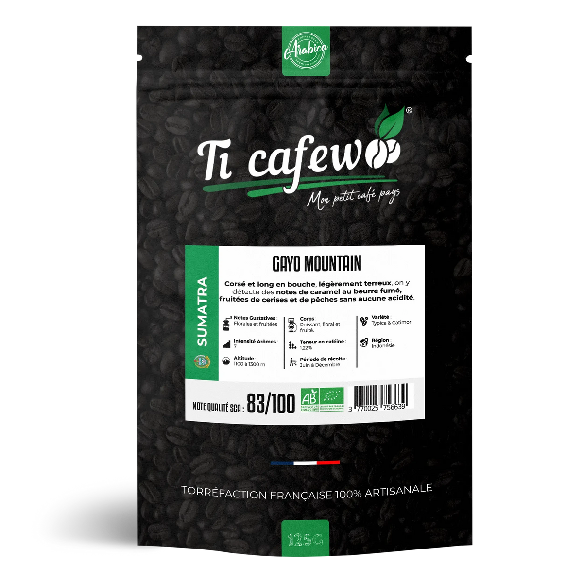 Sachet 125 g de café Sumatra Gayo Mountain BIO 100 % arabica, torréfaction médium