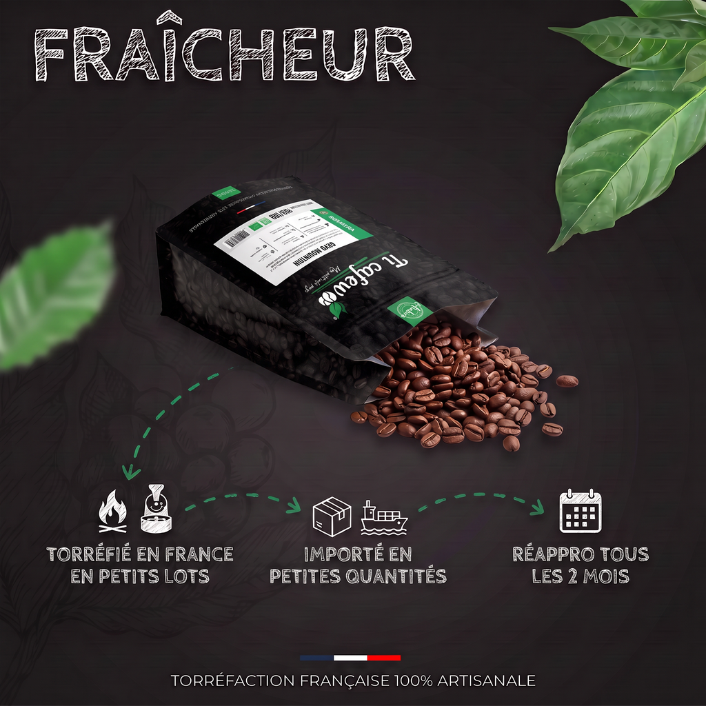 Fraîcheur du café Sumatra Gayo Mountain BIO : torréfié en France en petits lots, réappro tous les 2 mois